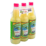 Opal Lemon Juice 45% in 750ml bottles, pack of three, clear bottles with yellow lemon juice, ideal for cooking and beverages.