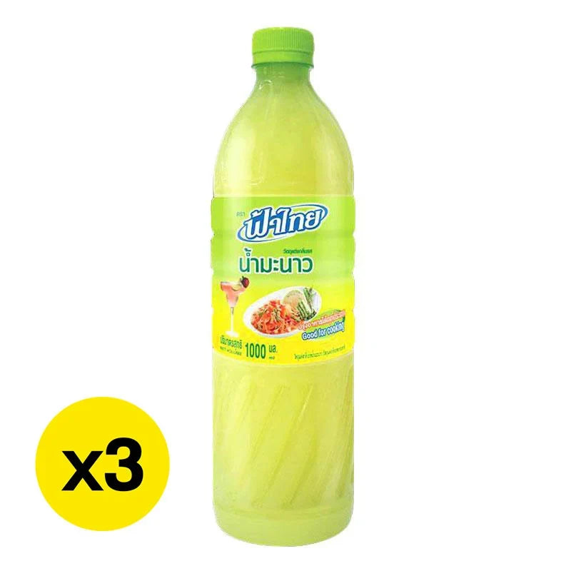 Fathai Lime Juice 1L bottles, three-pack, in clear plastic bottles with green caps, labeled as dry grocery product.