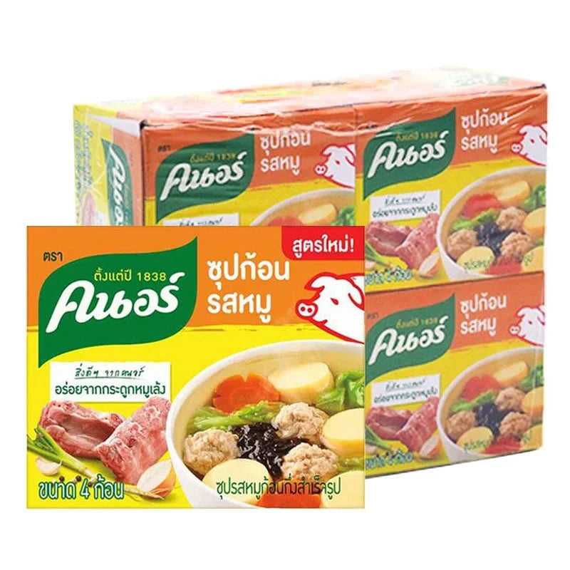 Knorr pork bouillon cubes in a 40g pack, showing 12 dry grocery cubes with branding and packaging details.