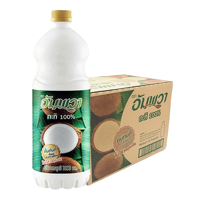 Ampawa Coconut Milk PET 1L bottle, 12-pack, in clear plastic bottles with labels, suitable for cooking and beverages.