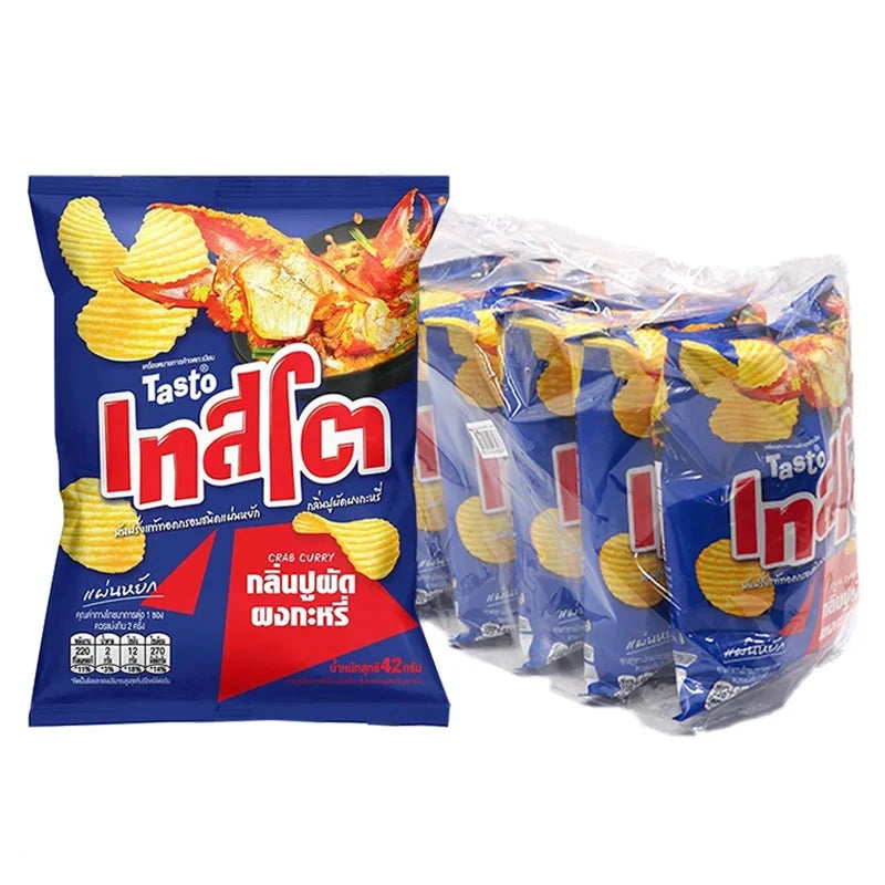 Tasto Potato Rock Chips Crab Curry Flavor 42g snack pack, crispy crunchy chips in colorful packaging, ideal for dry grocery snack.