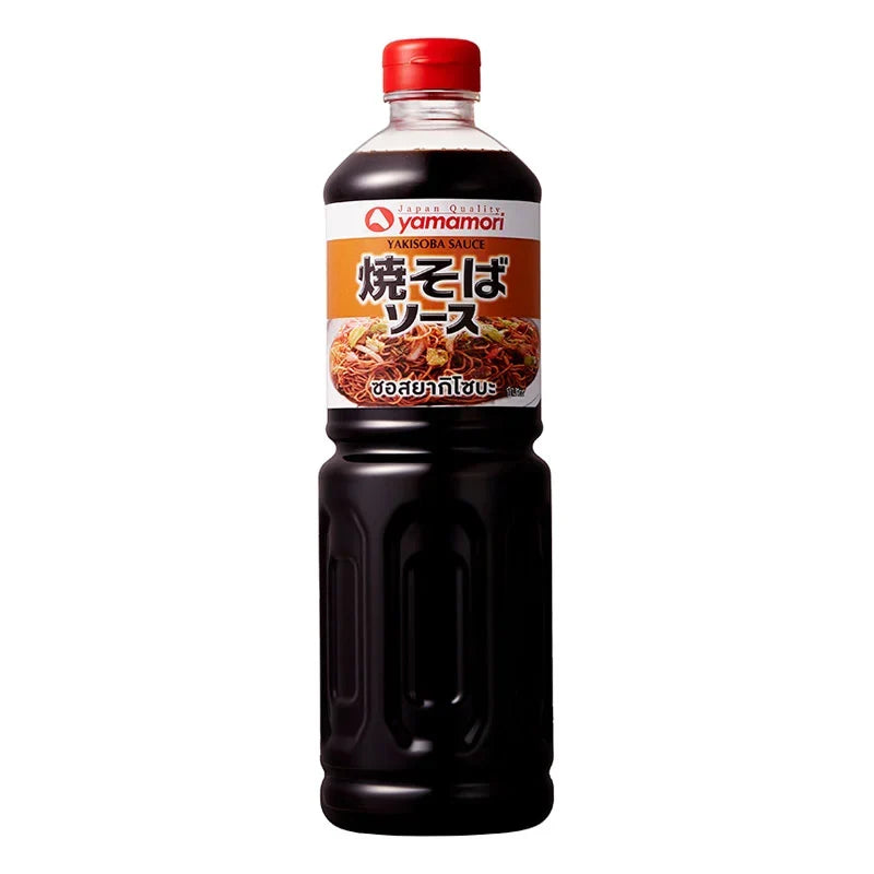 Yamamori Yakisoba Sauce in a 1-liter bottle, ideal for Japanese stir-fry dishes, with a dark, savory appearance.