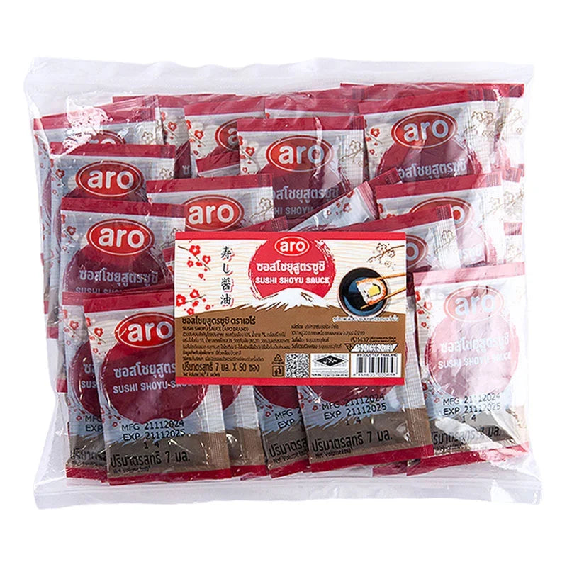 Aro Sushi Soy Sauce 7ml bottles in a box, 50-pack of dry grocery condiment for sushi and Asian dishes.