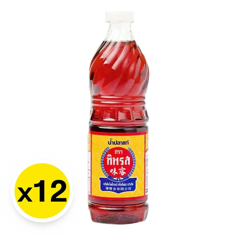 Tiparos Fish Sauce 500ml bottles arranged in a box, 12-pack, for cooking and seasoning in Asian cuisine.