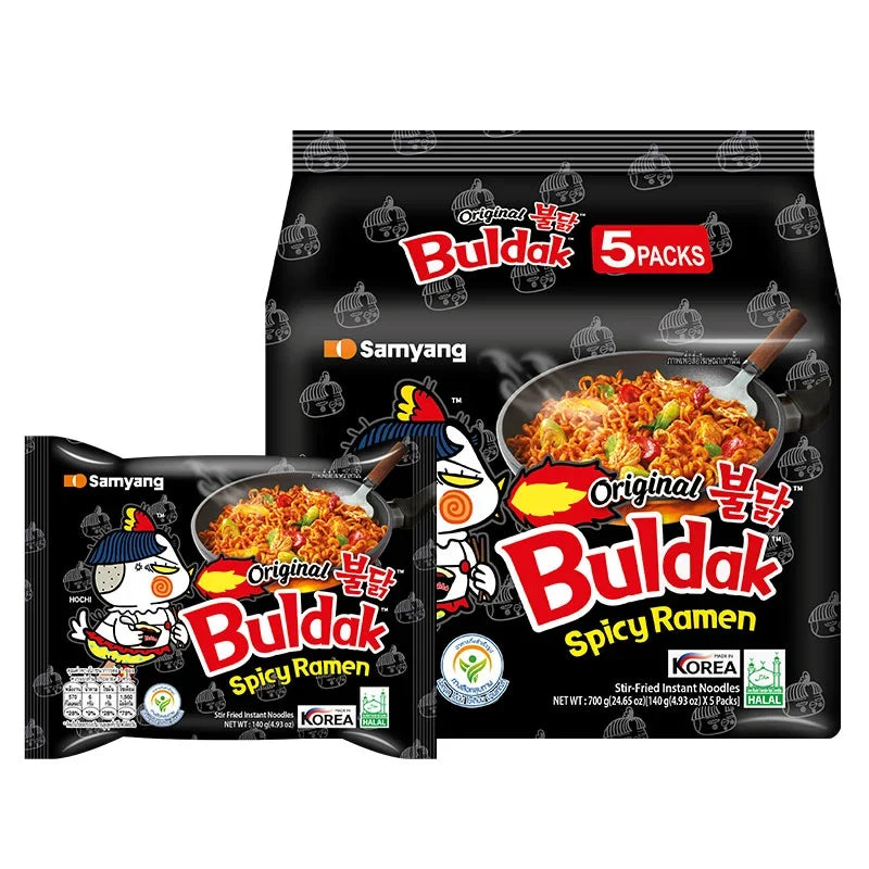 Samyang Ramen Hot Chicken 140g packs, spicy Korean instant noodles in five dry grocery packages, ready to enjoy.