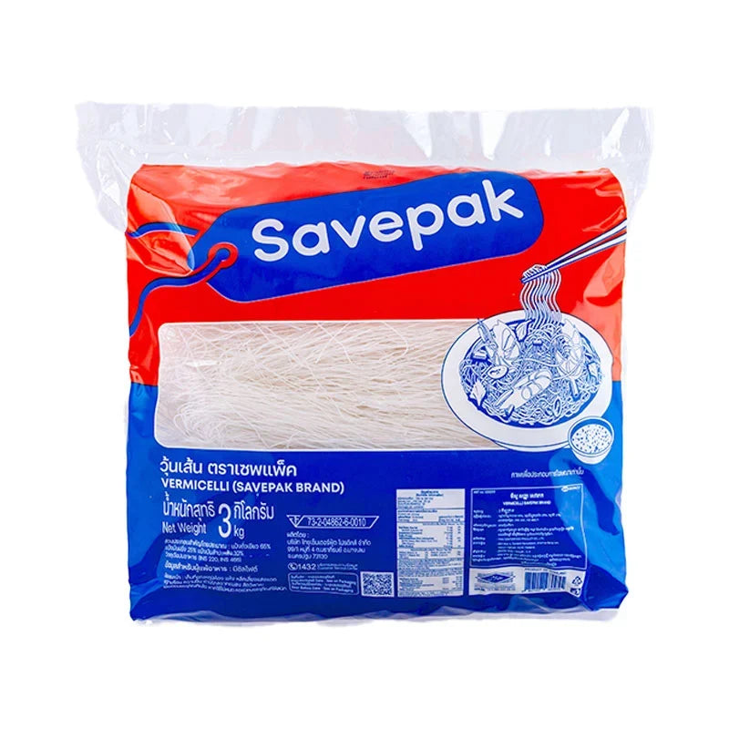 Savepak Mung Bean Vermicelli in 3kg package, dry grocery product with finely shredded mung bean vermicelli noodles.