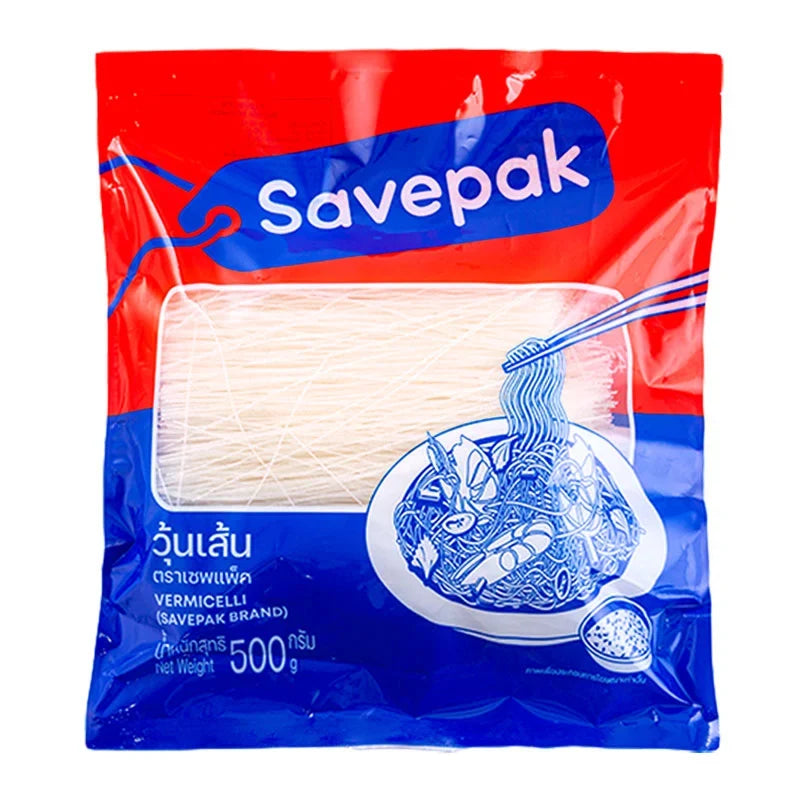Savepak Mung Bean Vermicelli 500g in clear packaging, ready for cooking, shown on a clean white background in this dry grocery product image.