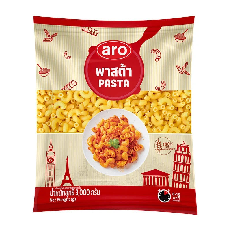 Aro Pasta Elbow 3kg in a clear bag, showing dry elbow-shaped pasta for cooking and recipes.