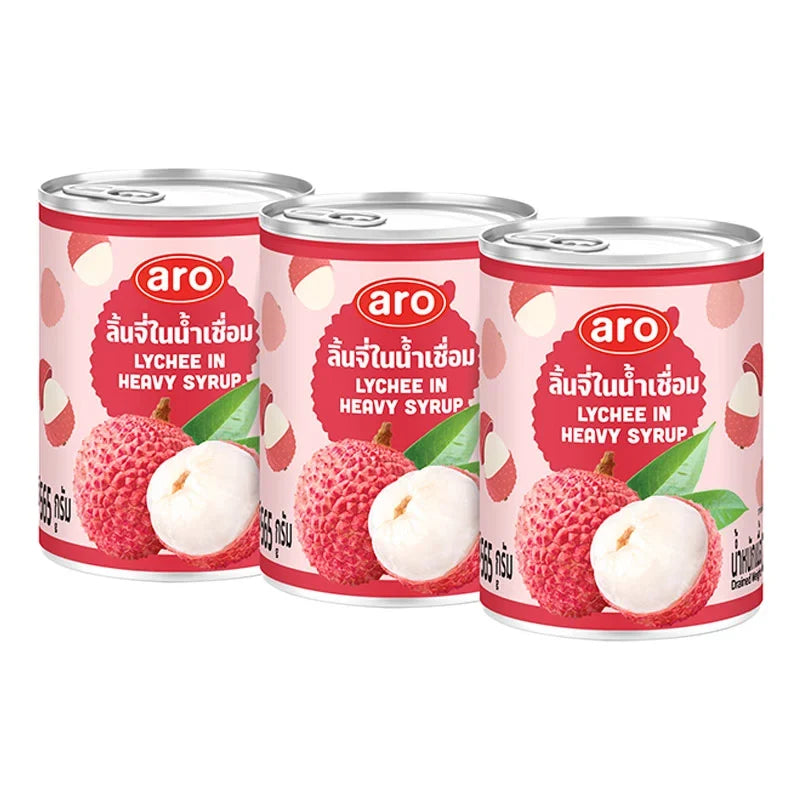 Aro Lychee in Syrup 565g can, showing three cans of lychee fruit in syrup from ARO brand, with colorful labels on the cans.