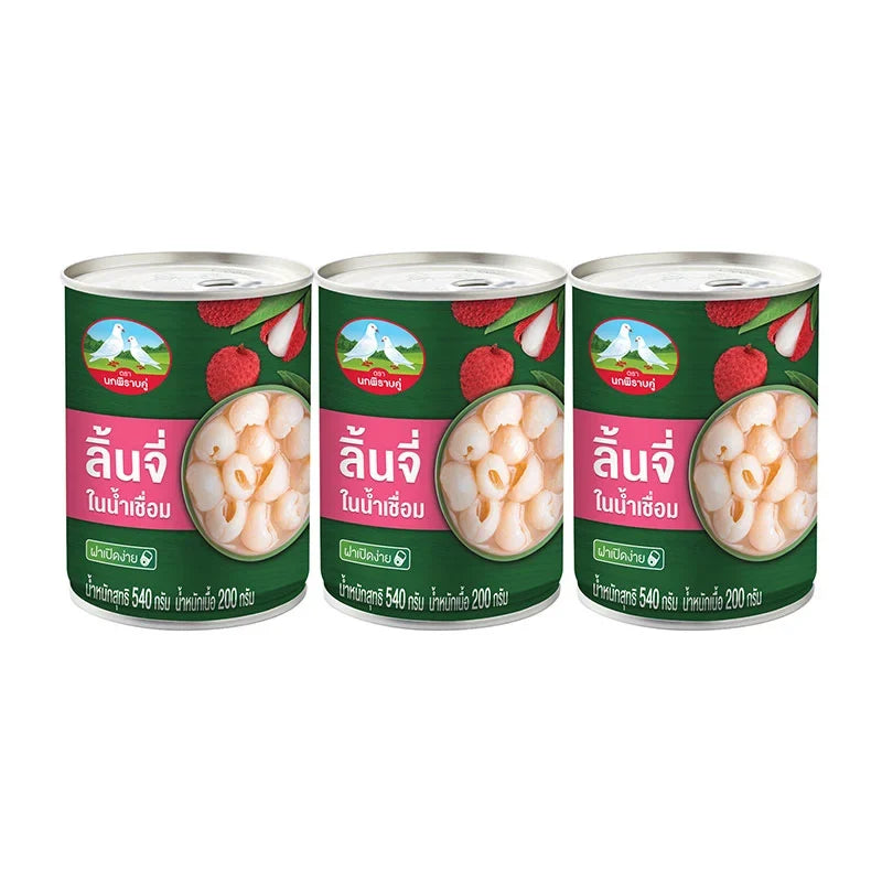 Pigeon Double Lychees Syrup 540g can with three tins, featuring bright labels and images of ripe lychees in syrup.