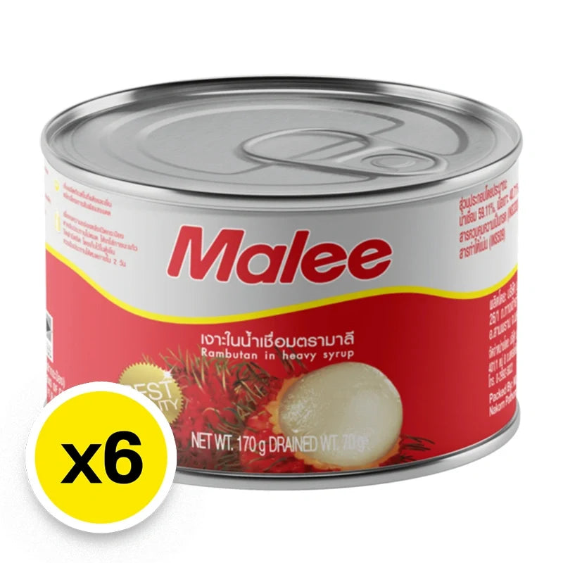 Canned Malee Rambutan in syrup, 6-pack, dry grocery product, fresh-looking rambutans in syrup, branded MALEE.