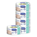 Cans of Nautilus Lite Tuna Steak in spring water, 165g each, stacked in a row for dry grocery shopping.