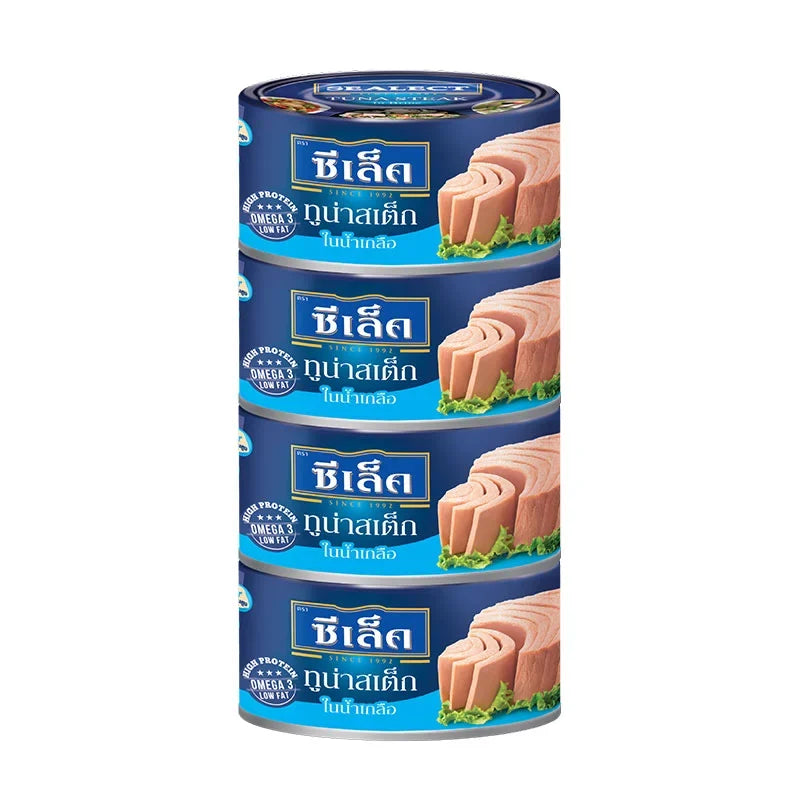 SEALECT Tuna Steak in Brine, 165g x4, canned dry grocery product, showing shiny tuna steaks in brine liquid in a can.