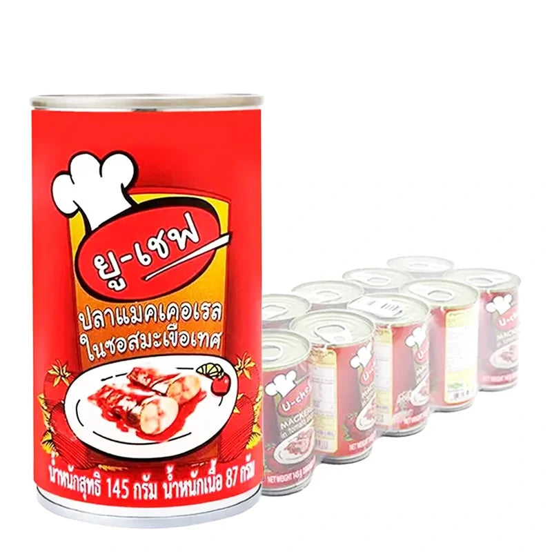 U-CHEF Mackerel in Tomato Sauce 145g can, ready-to-eat seafood in a shiny metal can, packed in a box of ten.