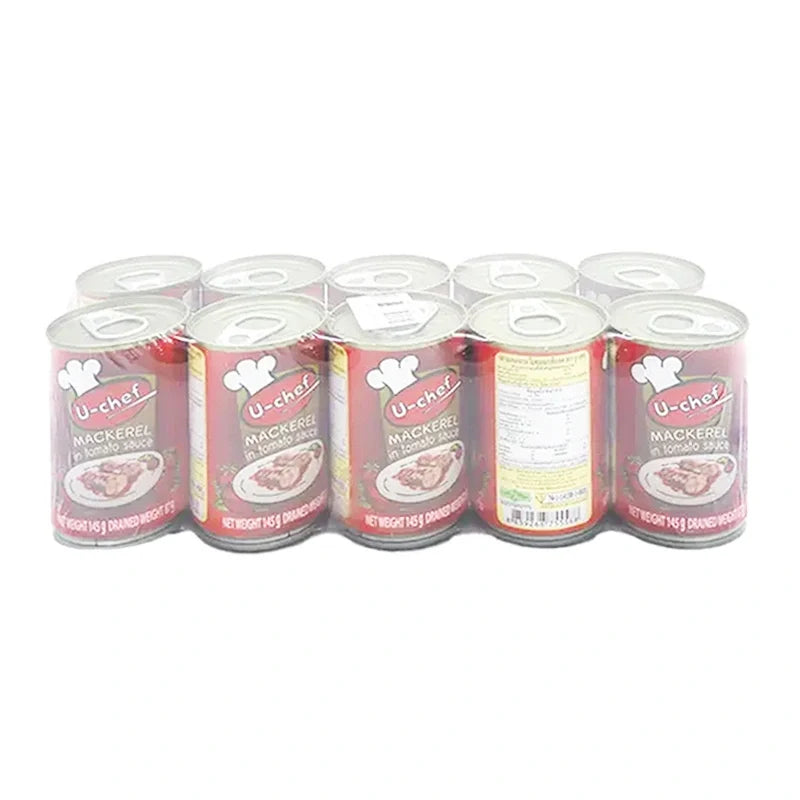 Canned U-CHEF Mackerel in tomato sauce, 145g per can, stacked in a row, ready for cooking or serving.