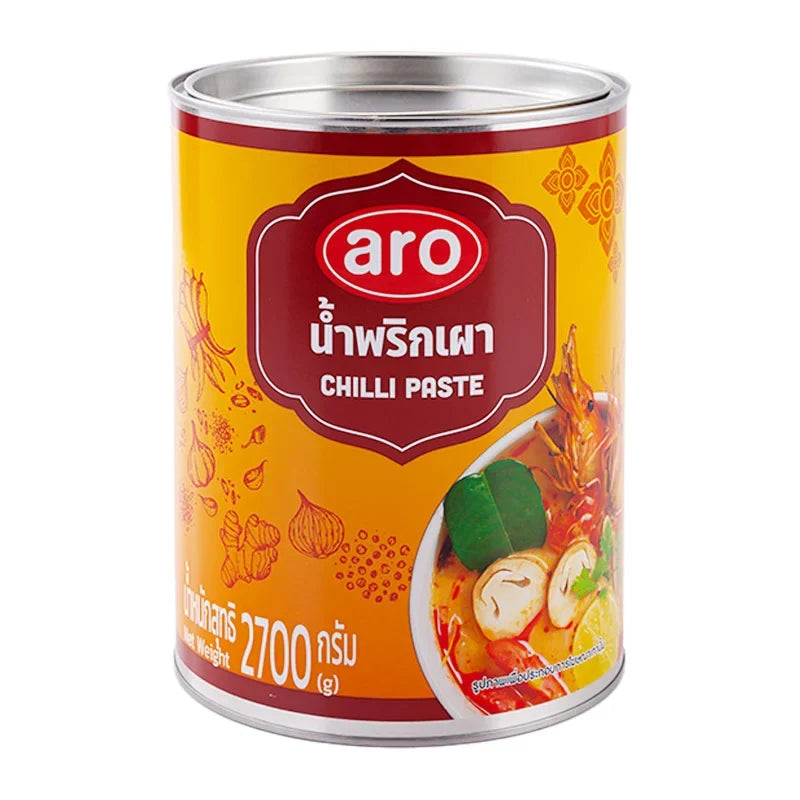 Aro Chilli Paste 2.7kg jar, spicy dry grocery product, with red chili paste visible in the clear container.