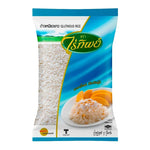 Raitip White Glutinous Rice 1kg in a clear plastic bag, dry grocery product, showing white sticky rice grains.