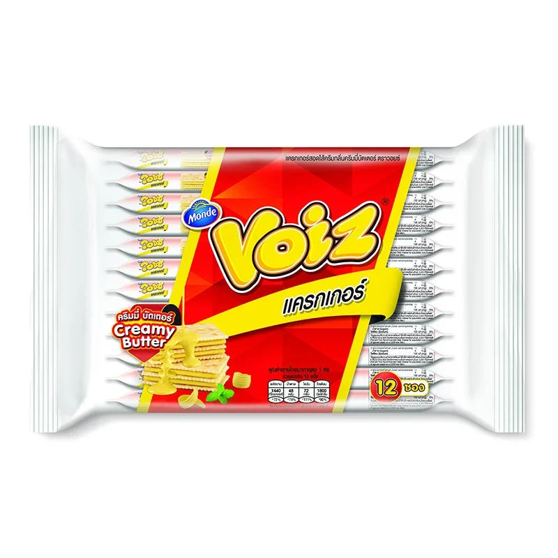 VOIZ Voiz Cracker Butter snack pack, 24g x 12, dry grocery snack with creamy butter flavor, shown in a colorful snack packaging image.