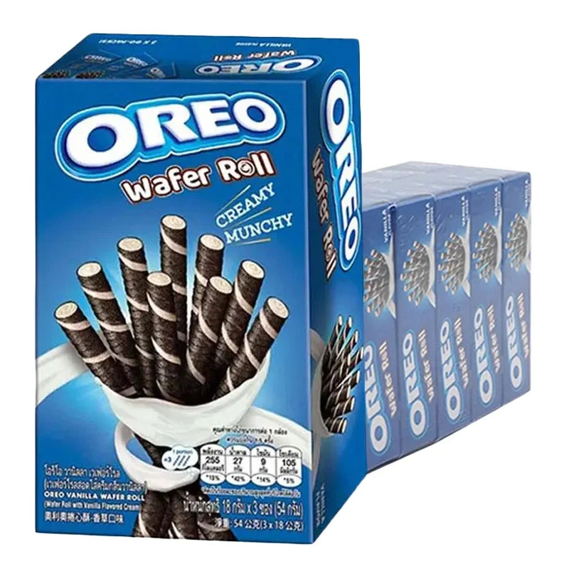 OREO Vanilla Wafer Roll snack pack, 54g x5, dry grocery snack with vanilla-flavored wafer rolls in a clear plastic package.