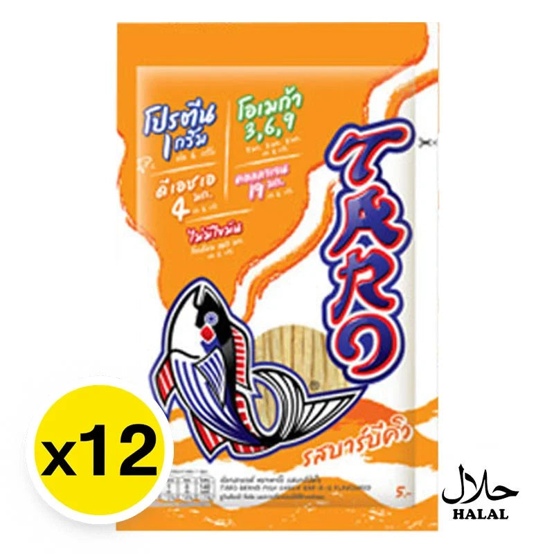 TARO Taro Fish Snack BBQ 5g pack, dry grocery snack with crispy fish pieces in BBQ flavor, shown in front of a colorful background.