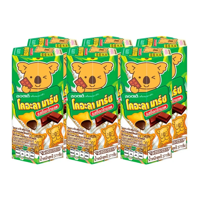 Koalas March biscuits with chocolate filling, 37g, featuring koala character images on packaging in a six-pack box.