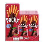 Pocky Chocolate snack box with ten 20g packs of crispy biscuit sticks coated in chocolate, from the POCKY brand.