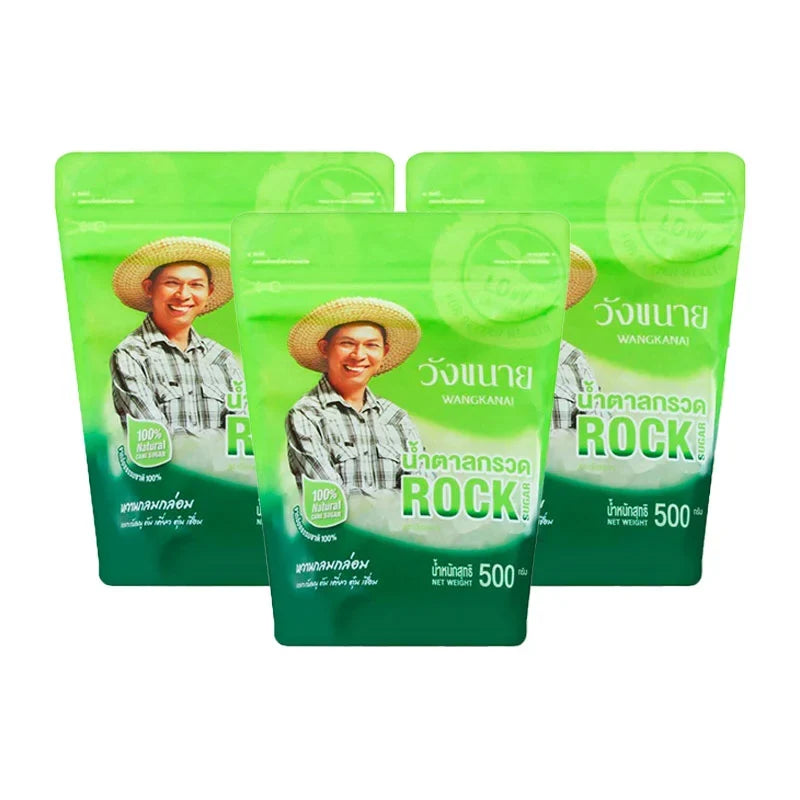 Wangkanai Rock Sugar 500g pack, dry grocery product showing three packages of coarse brown rock sugar on a white background.