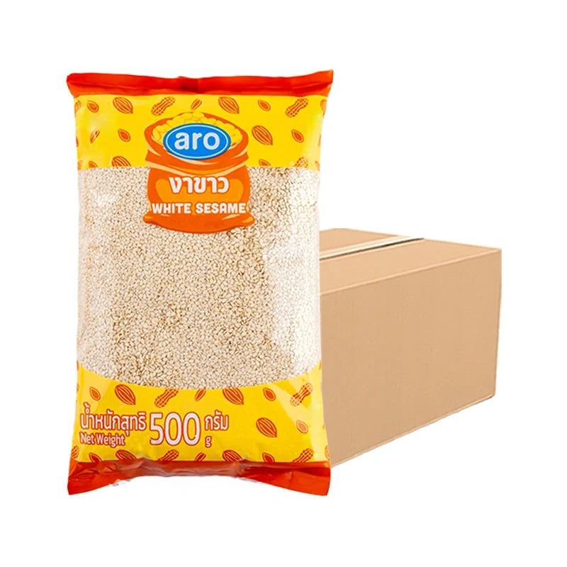 A row of six ARO White Sesame 500g packages, dry grocery product with white sesame seeds in clear plastic bags.