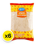 AR O White Sesame seeds in 500g packs, six-count box, dry grocery from ARO, shown in a clear image.
