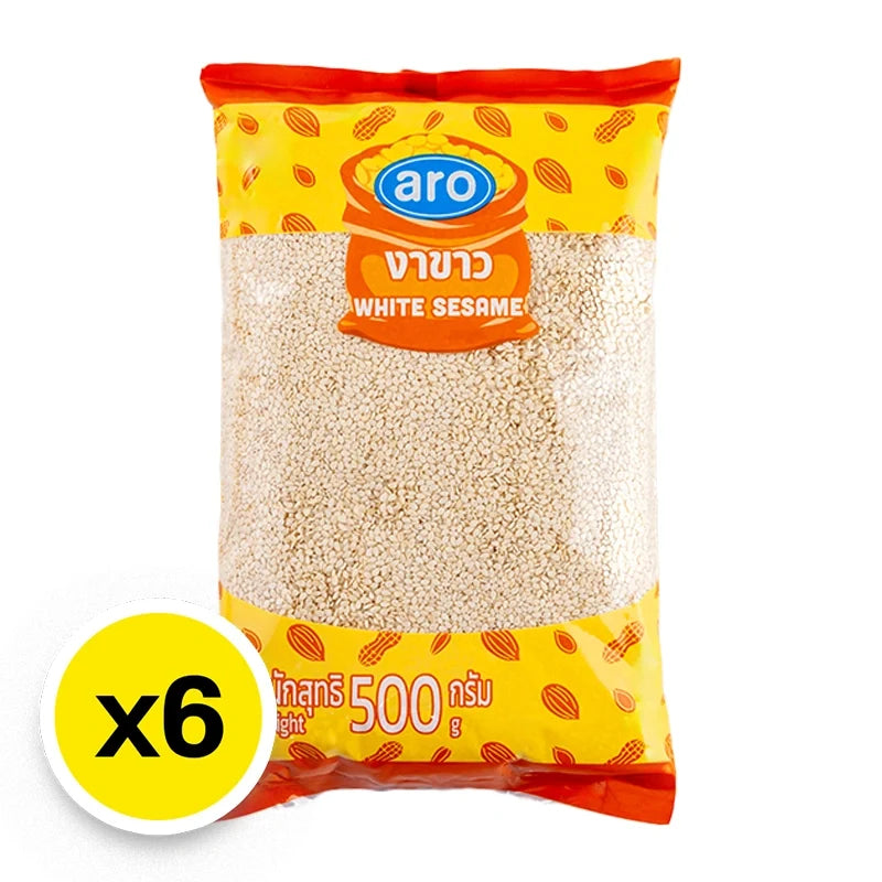 AR O White Sesame seeds in 500g packs, six-count box, dry grocery from ARO, shown in a clear image.