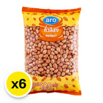 Pack of six ARO Peanut 500g jars showing fresh, roasted peanuts in clear containers with labels on a white background.