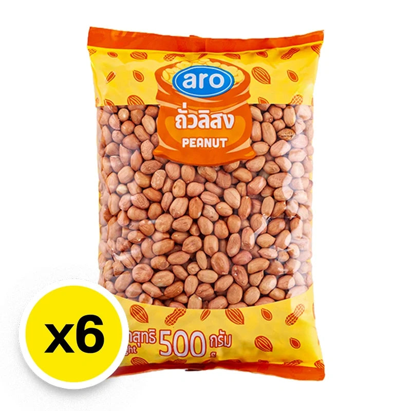 Pack of six ARO Peanut 500g jars showing fresh, roasted peanuts in clear containers with labels on a white background.