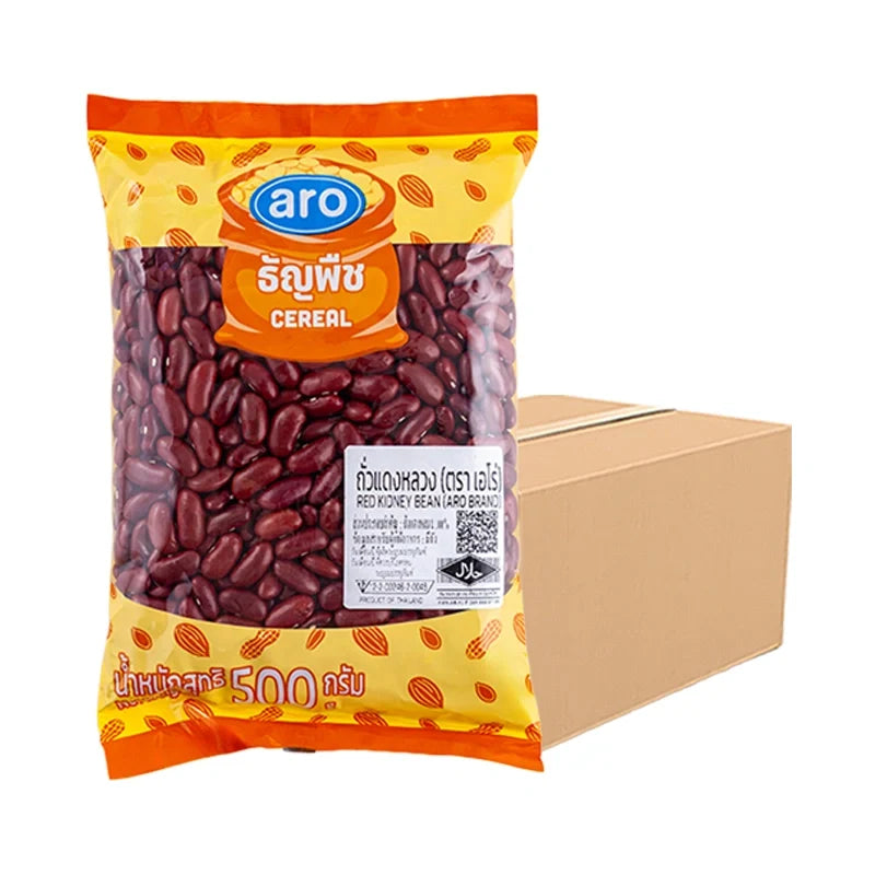 A package of ARO Red Kidney Beans, 500g x6, dry grocery product with visible beans in transparent packaging.