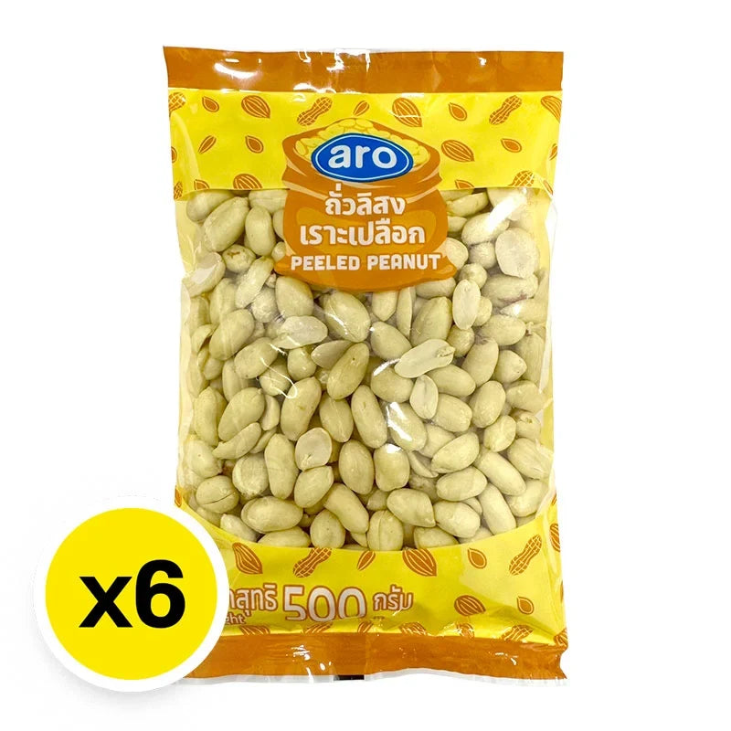 A box of six 500g packs of ARO Peanut dry grocery, showing fresh roasted peanuts in their packaging.
