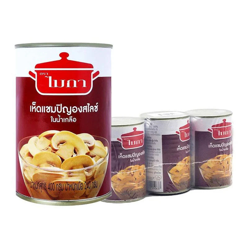 Three packs of MICA Mica Mushroom Slices, 400g each, in clear packaging, showcasing dried mushroom slices suitable for cooking.