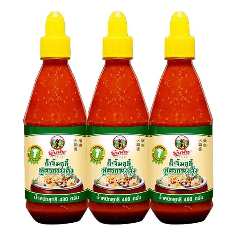 Pantainorasingh Sukiyaki Sauce 480g bottles, Thai dry grocery product, featuring rich, dark sauce for Japanese-style hot pot dishes.