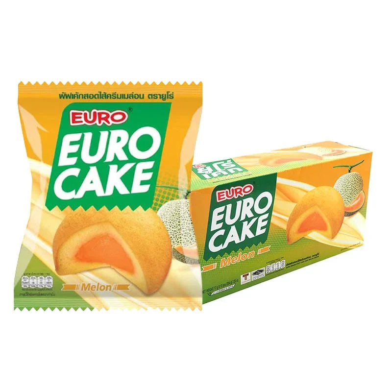 Euro Euro Cake Melon flavor snack packets, 17g each, in a box of 12, featuring colorful packaging with melon images.