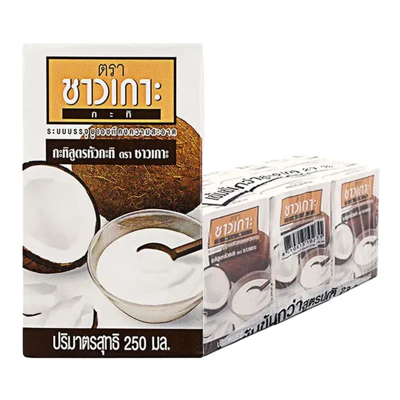 Chaokoh Coconut Cream 250ml bottle, Thai brand, shown in six-pack packaging, ideal for cooking and baking recipes