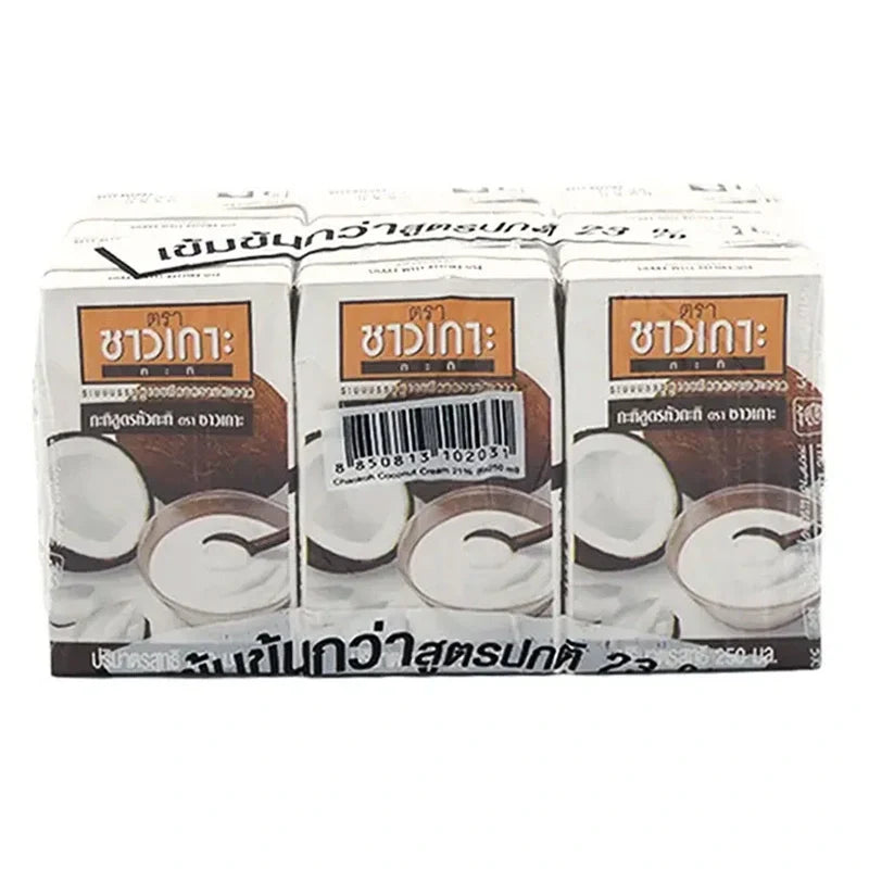 Chaokoh Coconut Cream 250ml bottles, six-pack, Thai dry grocery product with white coconut cream inside clear bottles