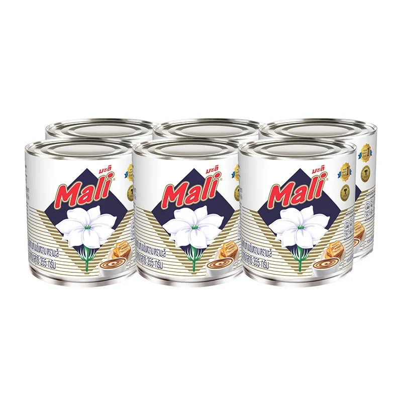 Six cans of MALI sweetened condensed milk, 355g each, with labels showing the MALI brand and product details.