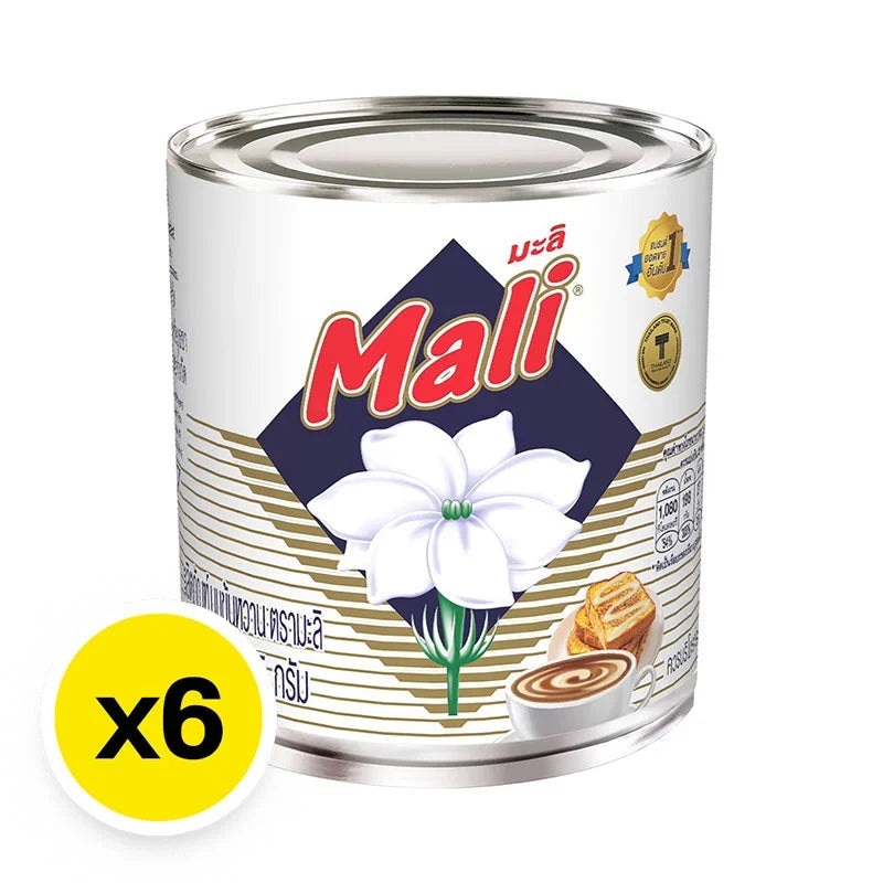 MALI Sweetened Condensed Milk 355g can, stacked in six-pack, for baking and desserts, in a clear container with a golden label.