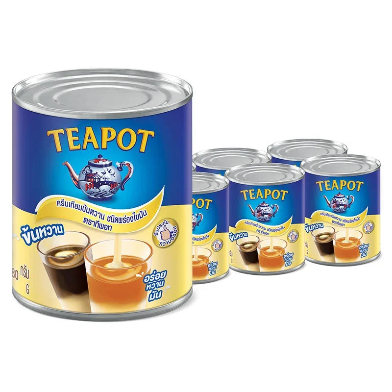 TEAPOT sweetened condensed milk 380g x6 tins, shown in a row, ideal for baking and coffee recipes in dry grocery shopping.