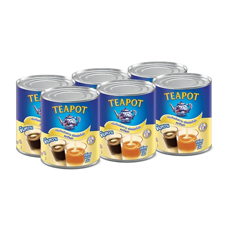 TEAPOT sweetened condensed milk in a 380g can, six-pack, shown in a close-up image of the product label and packaging.