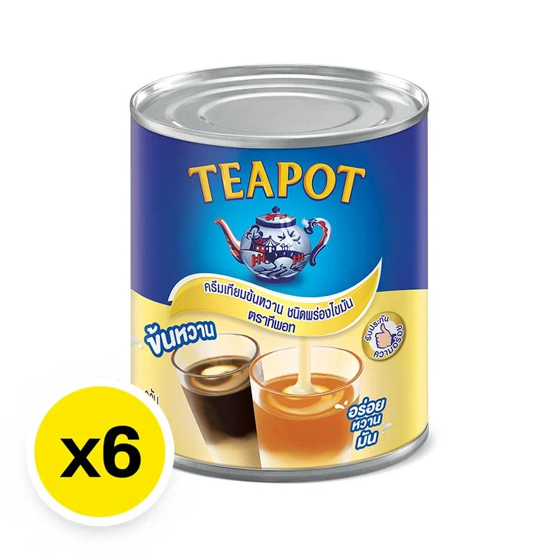 TEAPOT sweetened condensed milk, 380g can, stacked in six-pack, showing the label and metal lid, ideal for baking and desserts.