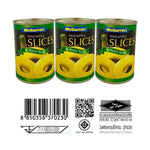 Canned McGarrett pineapple slices in heavy syrup, 565g per can, shown in three cans with labels and pineapple slices visible.