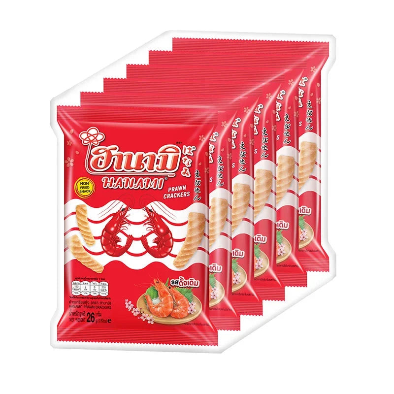 Hanami Prawn Crackers 26g pack, crispy snack in a clear bag showing golden prawn-flavored crackers, ideal for dry grocery snack options.