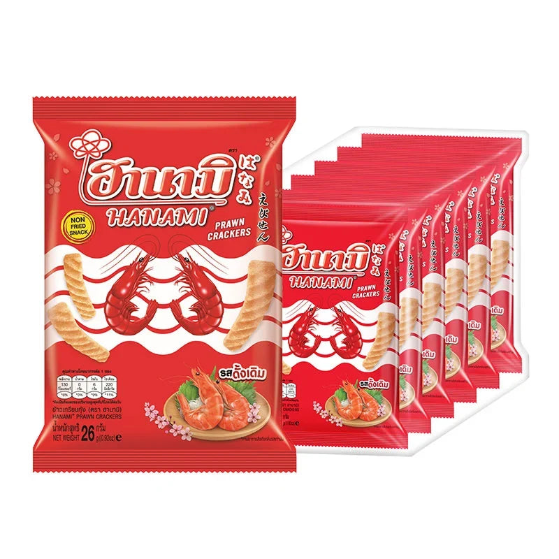 Hanami Prawn Crackers 26g x6 snack pack, crispy dry grocery snack with prawn flavor, in a clear plastic bag.