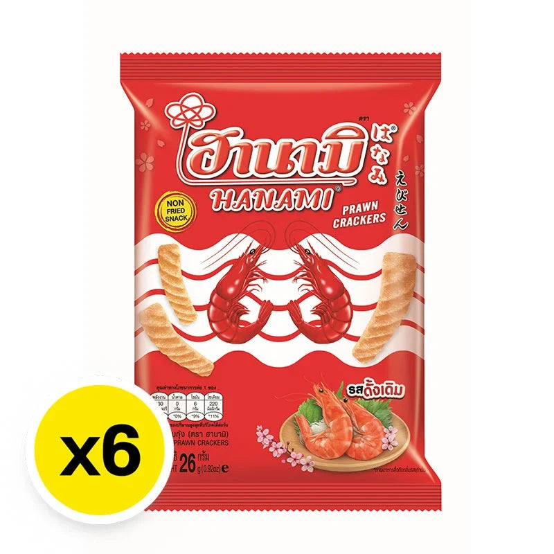 Hanami Prawn Crackers 26g x6, crispy seafood snack, displayed in a clear bowl, perfect for dry grocery and snack lovers.
