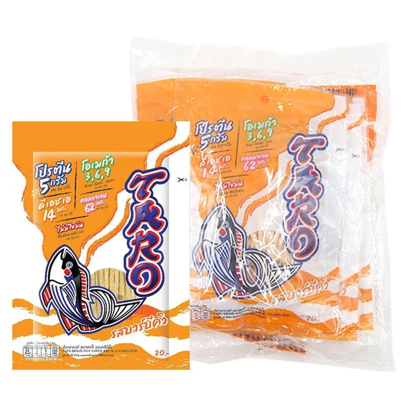 Taro Fish Snack BBQ by TARO, 20g x6 pack, dry grocery snack with savory fish flavor, in colorful packaging.