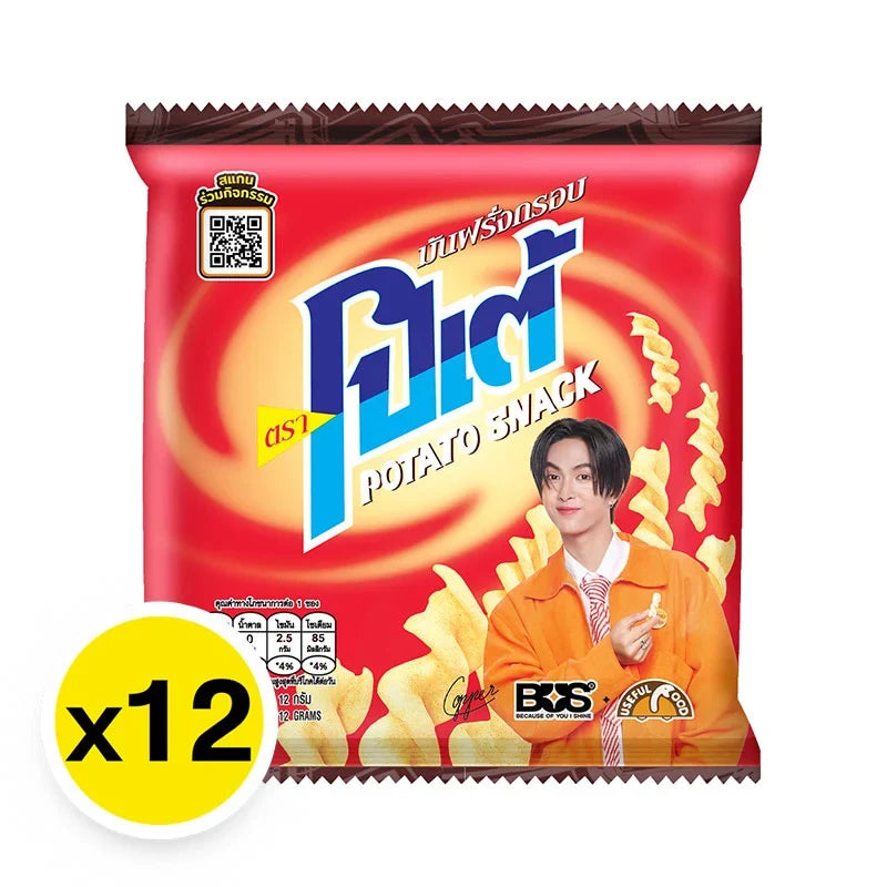 Potaa Potato Extrude Snack 12g pack, crispy snack snack in colorful packaging, ideal for dry grocery and confectionery snack lovers.